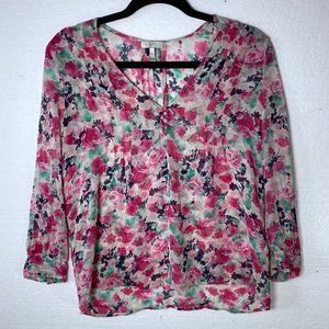Joie XS Floral 100% Silk Button Detail Popover Top